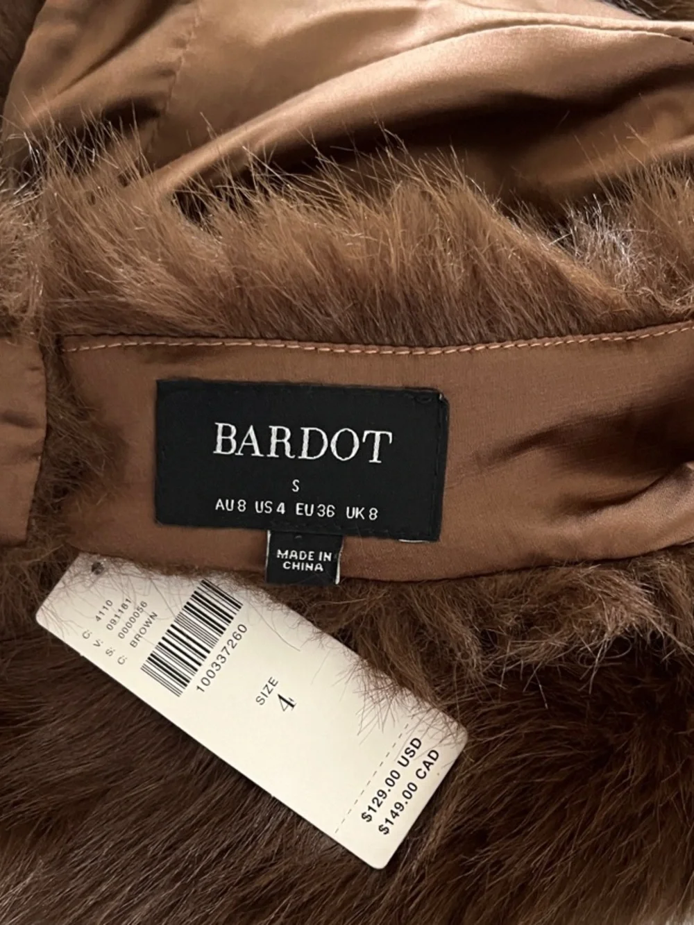 Bardot Julietta Faux Fur Top in Chocolate Size 4